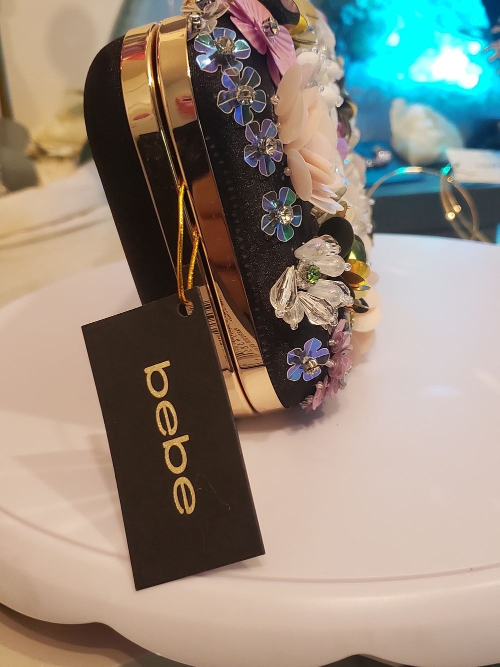 bebe Floral Appliqué Evening Clutch in Black with Pastel Accents - Picture 8 of 12